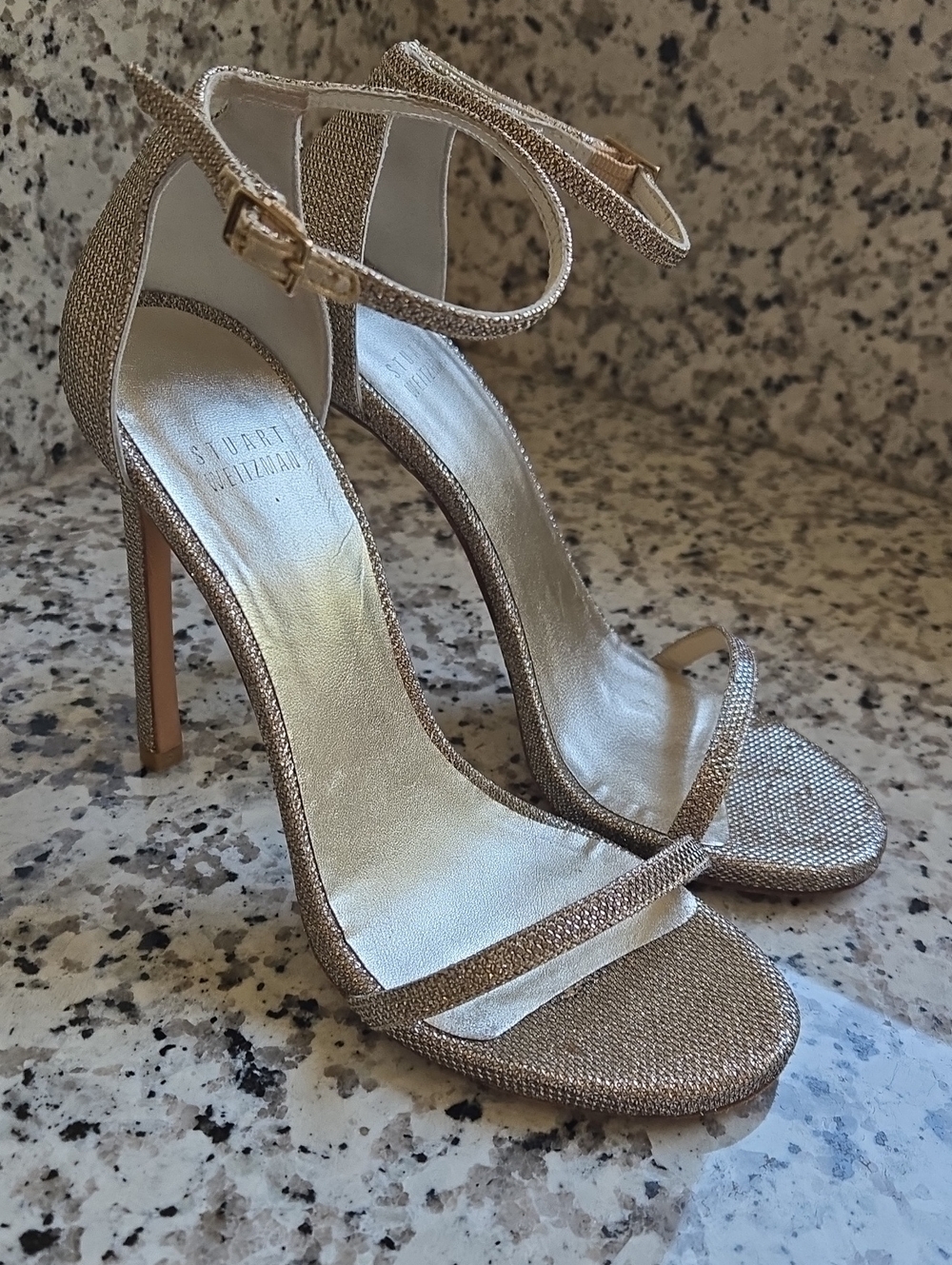 Stuart Weitzman Metallic Gold Ankle-Strap Stiletto Sandals